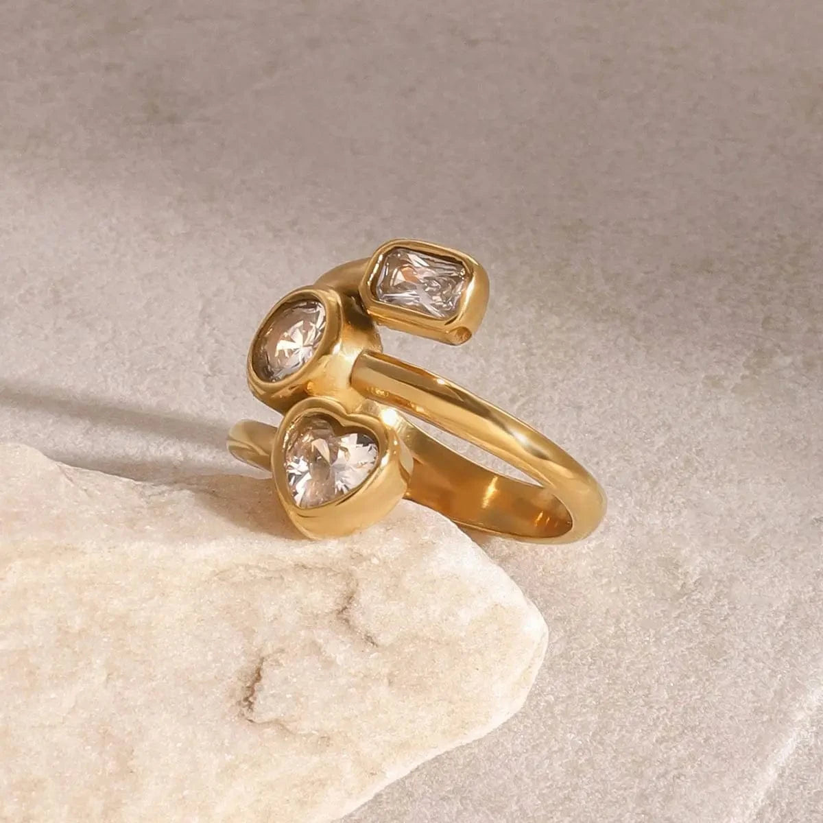 open ring / Cute / R1924 R192 Zircon Multi Three Layers Ring Hollowed 18K PVD Gold Plated Stainless Steel Three-layer Heart Opening Ring For Women