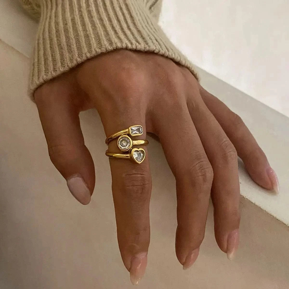 open ring / Cute / R1924 R192 Zircon Multi Three Layers Ring Hollowed 18K PVD Gold Plated Stainless Steel Three-layer Heart Opening Ring For Women