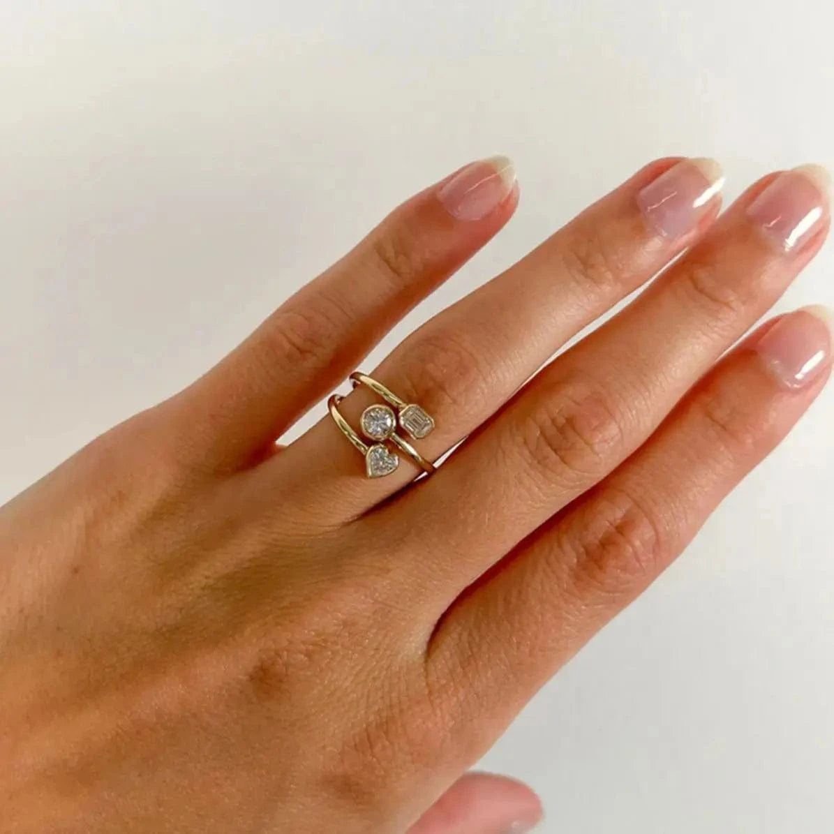 open ring / Cute / R1924 R192 Zircon Multi Three Layers Ring Hollowed 18K PVD Gold Plated Stainless Steel Three-layer Heart Opening Ring For Women