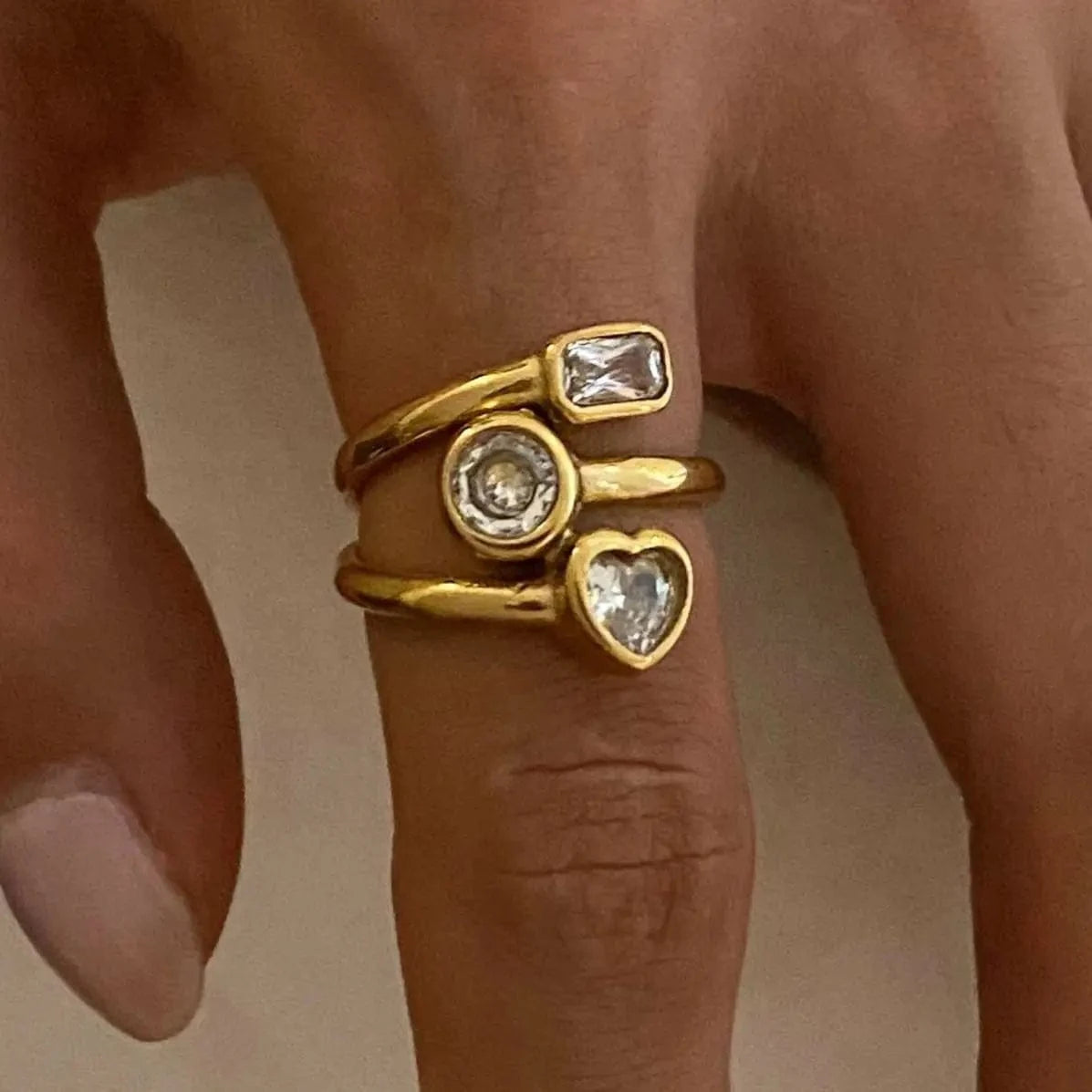 open ring / Cute / R1924 R192 Zircon Multi Three Layers Ring Hollowed 18K PVD Gold Plated Stainless Steel Three-layer Heart Opening Ring For Women
