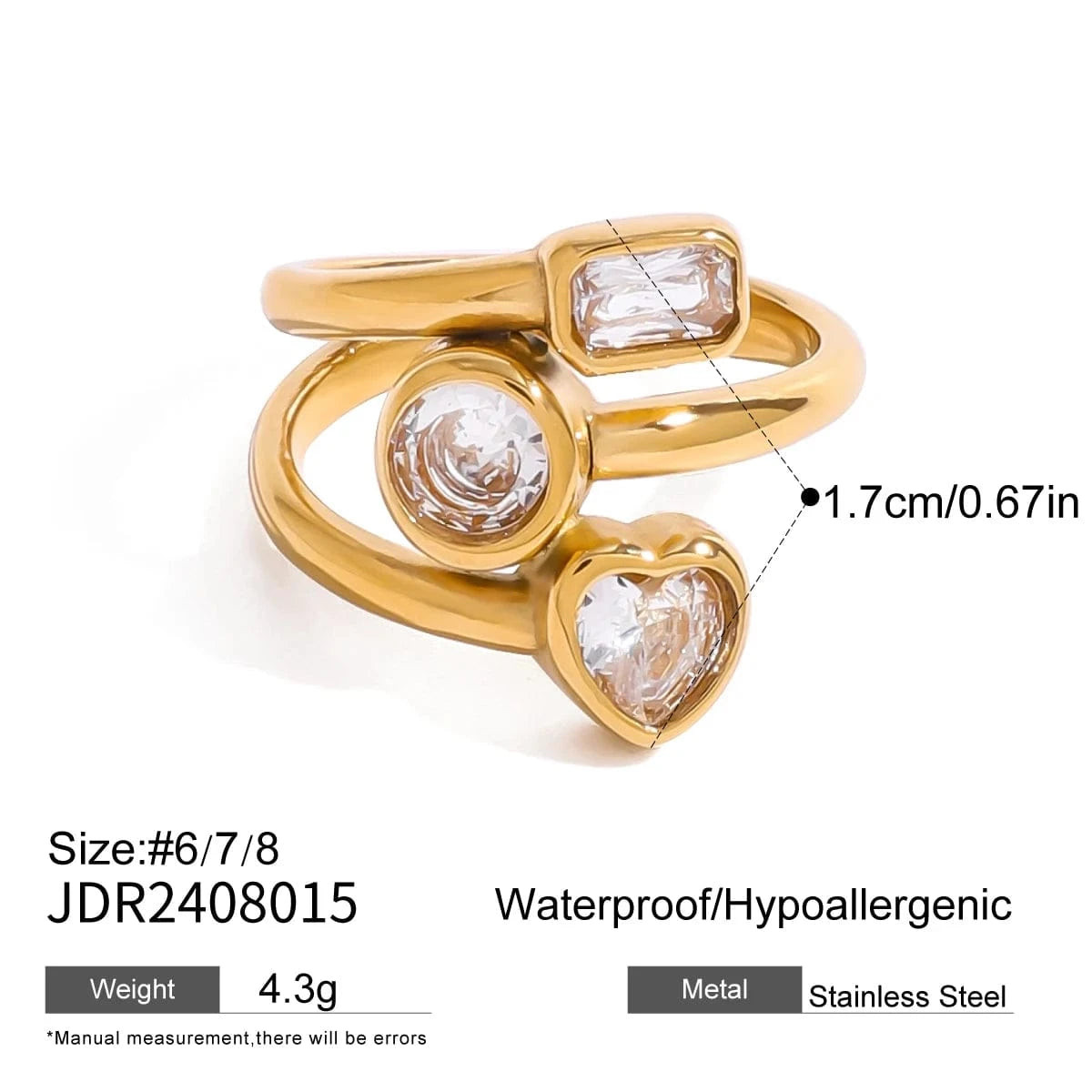 open ring / Cute / R1924 R192 Zircon Multi Three Layers Ring Hollowed 18K PVD Gold Plated Stainless Steel Three-layer Heart Opening Ring For Women
