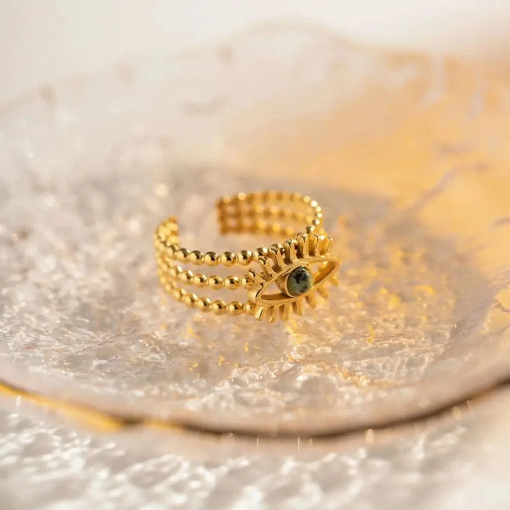 open ring / Cute / R1937 R1937 Multi Layers Devil's Eye African Pine Open Ring 18K PVD Gold Plated Stainless Steel Beads Ring For Women