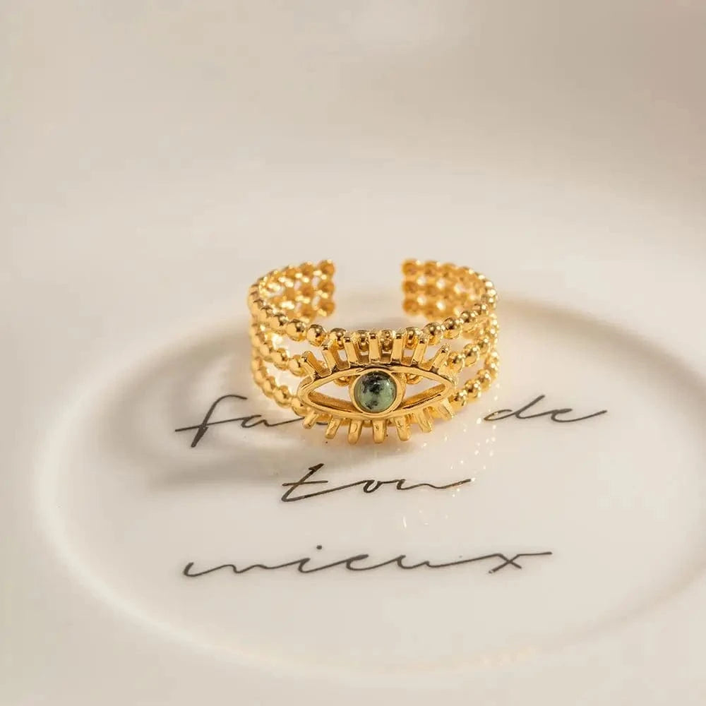 open ring / Cute / R1937 R1937 Multi Layers Devil's Eye African Pine Open Ring 18K PVD Gold Plated Stainless Steel Beads Ring For Women