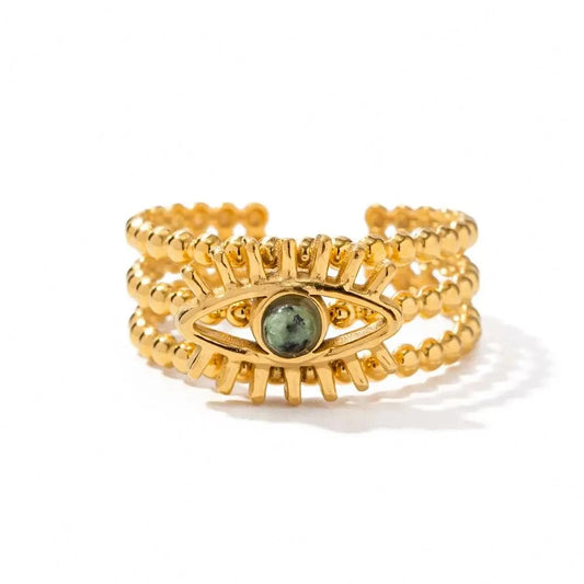 open ring / Cute / R1937 R1937 Multi Layers Devil's Eye African Pine Open Ring 18K PVD Gold Plated Stainless Steel Beads Ring For Women