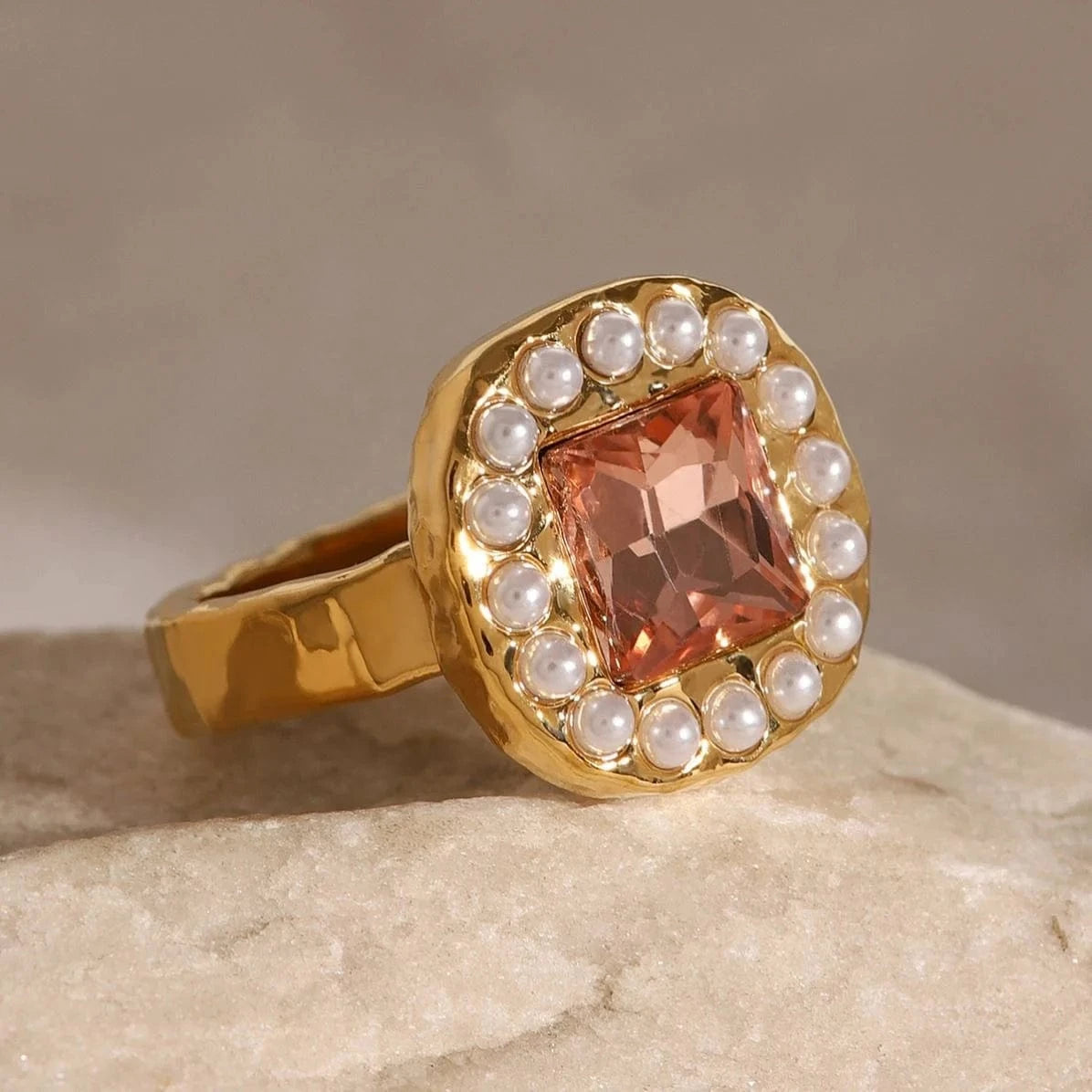 open ring / Cute / R2474 R2474 Rhinestone Pearl/Hammer Pink Rhinestone Ring with Sticky Pearl 18K PVD Gold Plated Stainless Steel Ring