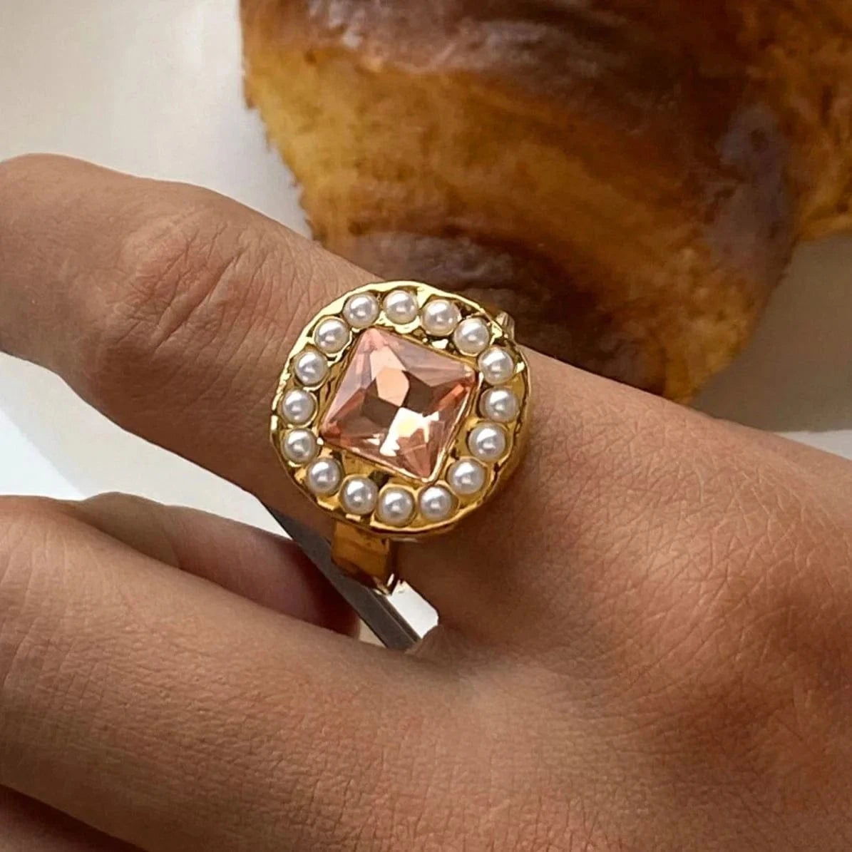 open ring / Cute / R2474 R2474 Rhinestone Pearl/Hammer Pink Rhinestone Ring with Sticky Pearl 18K PVD Gold Plated Stainless Steel Ring