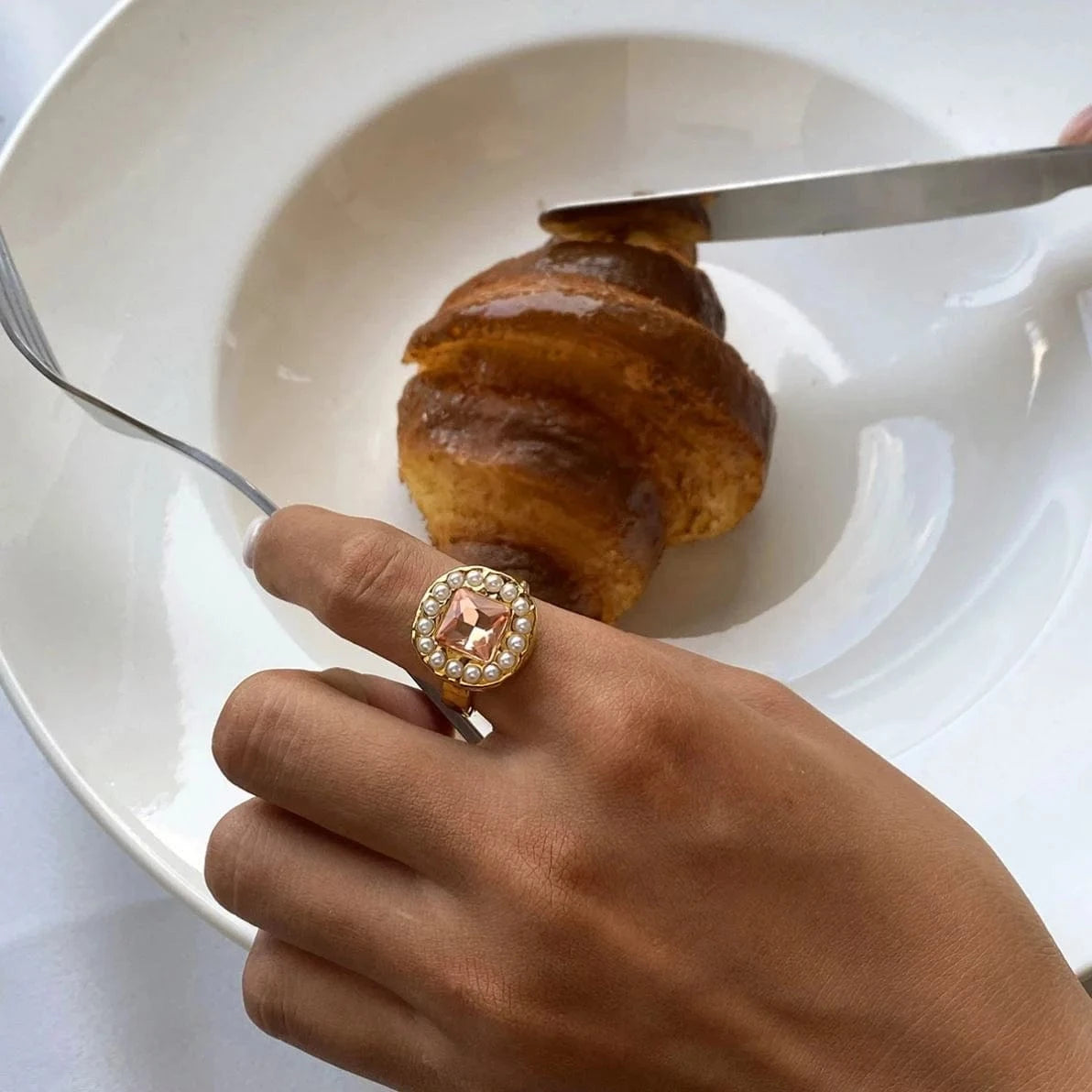 open ring / Cute / R2474 R2474 Rhinestone Pearl/Hammer Pink Rhinestone Ring with Sticky Pearl 18K PVD Gold Plated Stainless Steel Ring