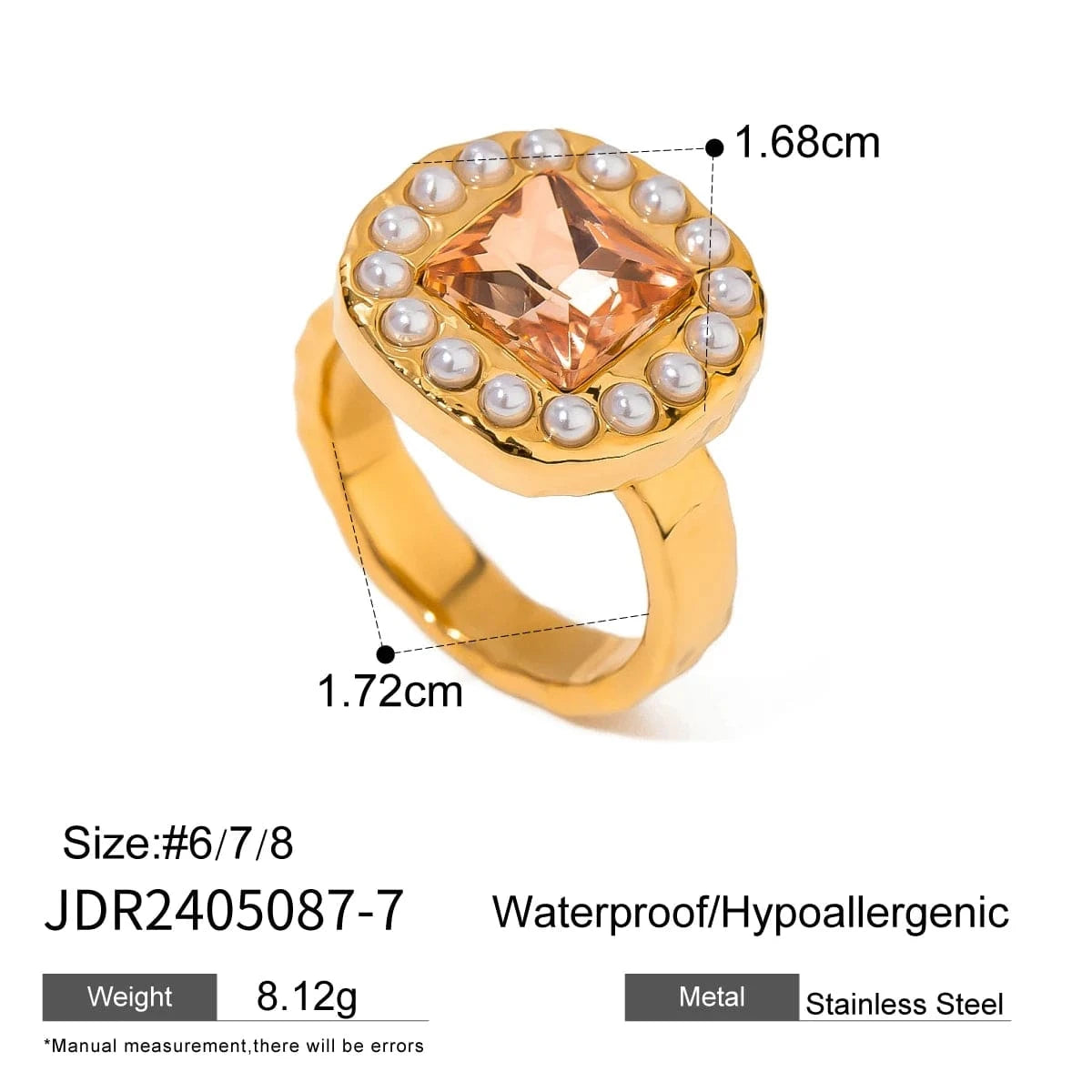 open ring / Cute / R2474 R2474 Rhinestone Pearl/Hammer Pink Rhinestone Ring with Sticky Pearl 18K PVD Gold Plated Stainless Steel Ring