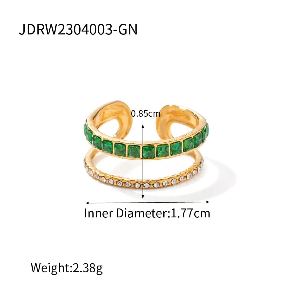 open ring / TRENDY / R1918-1 R1918 Geometric 18K Gold Plated Layered CZ Stone Ring Jewelry Stainless Steel Green Double Layer Clear Cubic Zirconia Open Ring