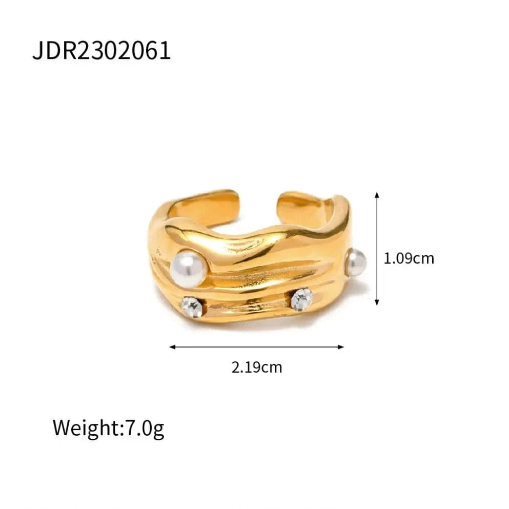Open ring / TRENDY / R1958 R1958 Geometric Pearl Zirconia Inlaid Opening Finger Rings 18k Gold Plated Stainless Steel Muti Layer Rings