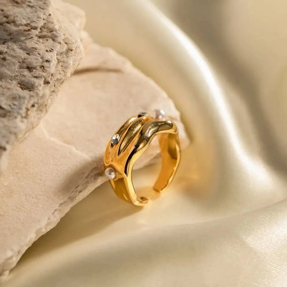 Open ring / TRENDY / R1958 R1958 Geometric Pearl Zirconia Inlaid Opening Finger Rings 18k Gold Plated Stainless Steel Muti Layer Rings