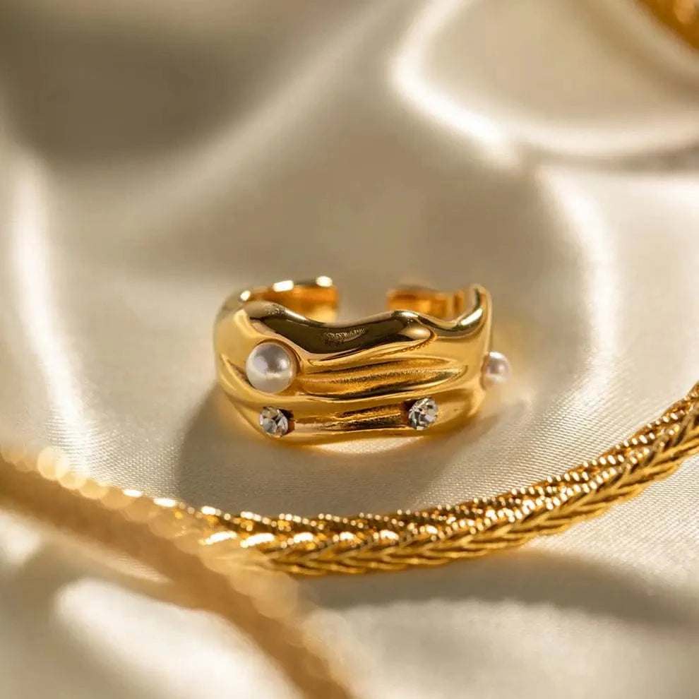 Open ring / TRENDY / R1958 R1958 Geometric Pearl Zirconia Inlaid Opening Finger Rings 18k Gold Plated Stainless Steel Muti Layer Rings