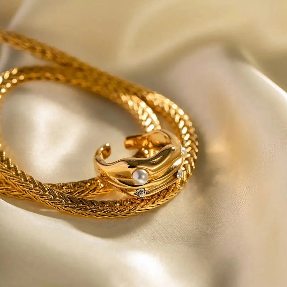 Open ring / TRENDY / R1958 R1958 Geometric Pearl Zirconia Inlaid Opening Finger Rings 18k Gold Plated Stainless Steel Muti Layer Rings