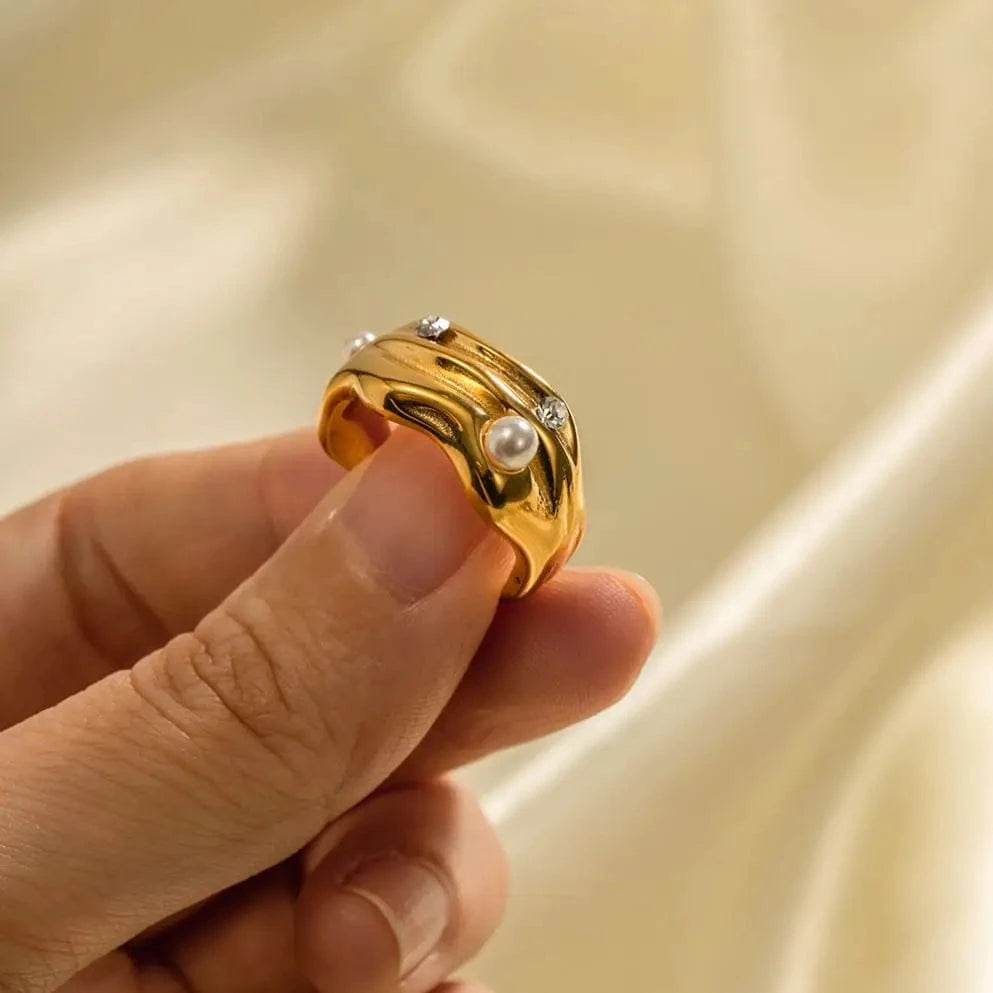 Open ring / TRENDY / R1958 R1958 Geometric Pearl Zirconia Inlaid Opening Finger Rings 18k Gold Plated Stainless Steel Muti Layer Rings