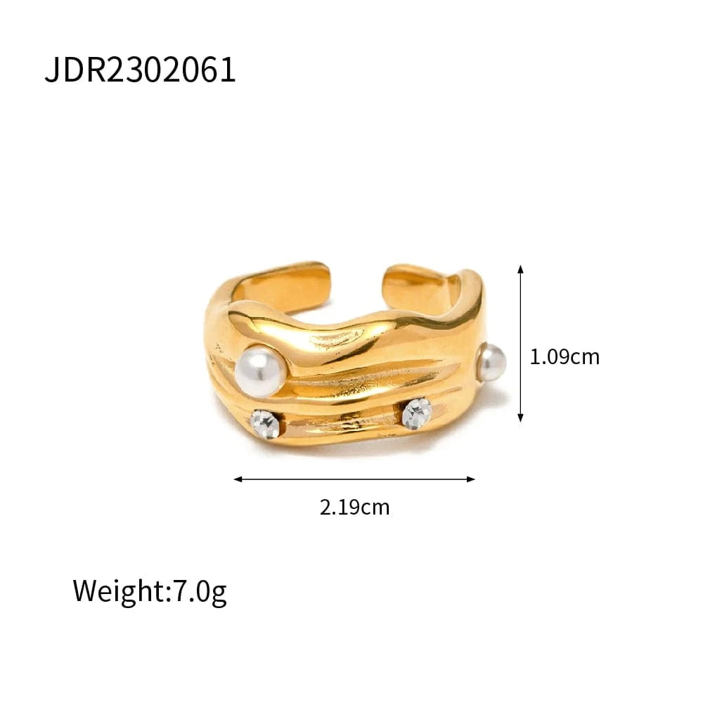 Open ring / TRENDY / R1958 R1958 Geometric Pearl Zirconia Inlaid Opening Finger Rings 18k Gold Plated Stainless Steel Muti Layer Rings