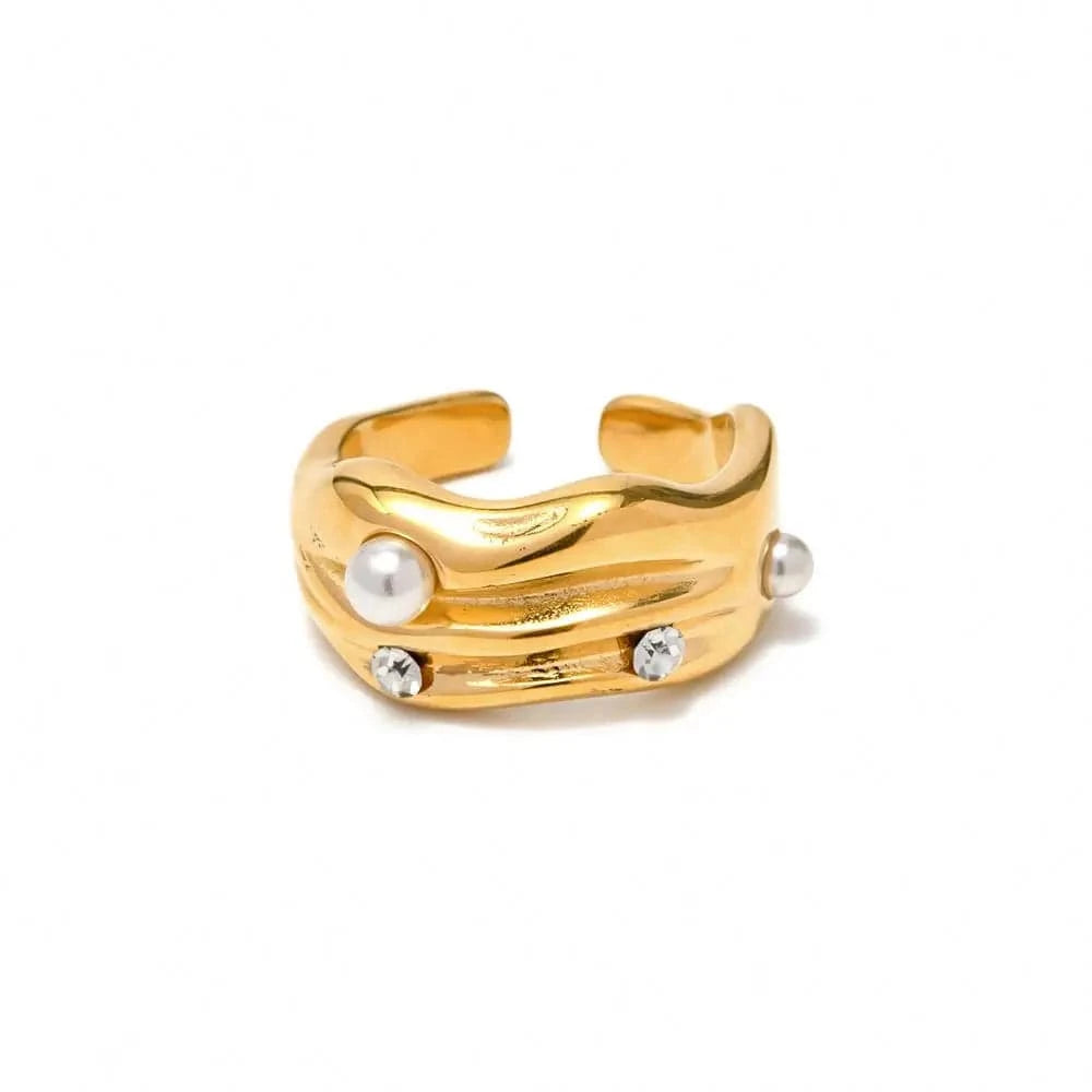 Open ring / TRENDY / R1958 R1958 Geometric Pearl Zirconia Inlaid Opening Finger Rings 18k Gold Plated Stainless Steel Muti Layer Rings