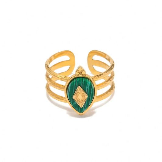 open ring / TRENDY / R1987 R1987 18K Gold Plated Malachite Natural Stone Exquisite Open Rings Hollow Layers Design Fashion Jewelry
