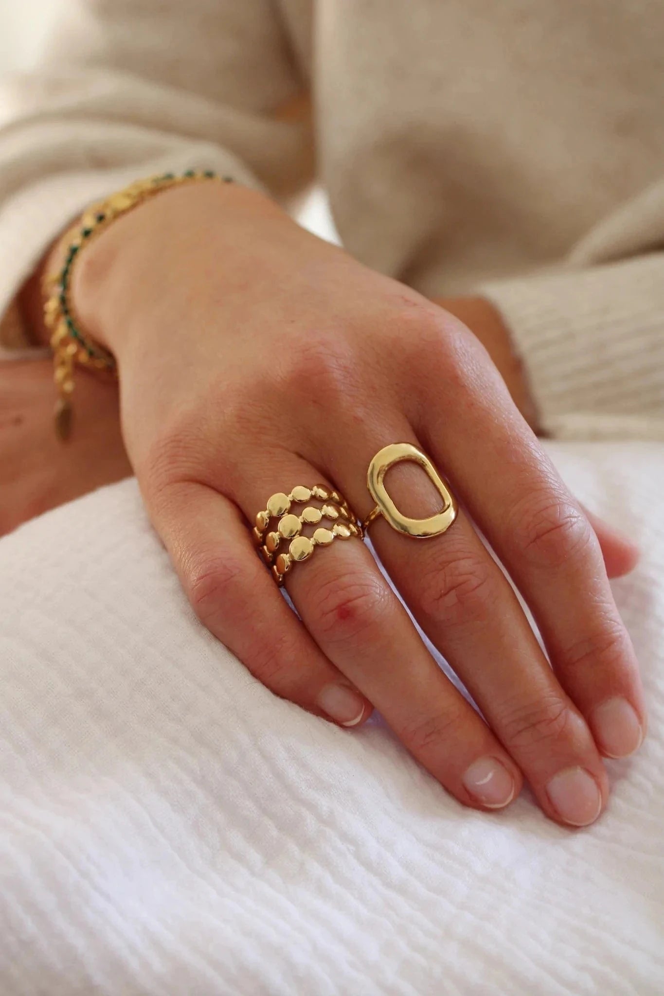 open ring / TRENDY / R2031 R2031 Trendy Stainless Steel Jewelry Gift Charm 18K Gold Plated Three Layer Line Bead Chain Rings for Women