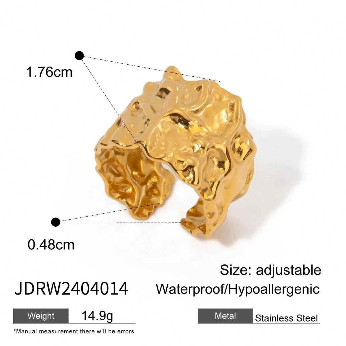 open ring / TRENDY / R2494 R2494 Design Two-tones Ring 18K PVD Gold Plated Stainless Steel  Ring Hammered Wide  Open Ring For Women