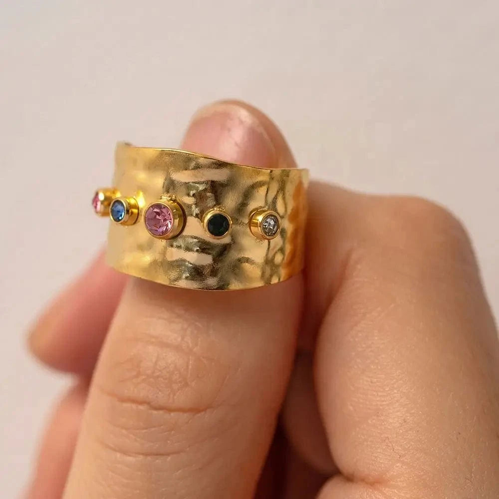 opening ring / JDR201677 / R2009 R2009 Minimalist Colorful Zircon HipHop Wide 5 Shiny Cubic Zirconia Waterproof Stainless Steel Opening Ring