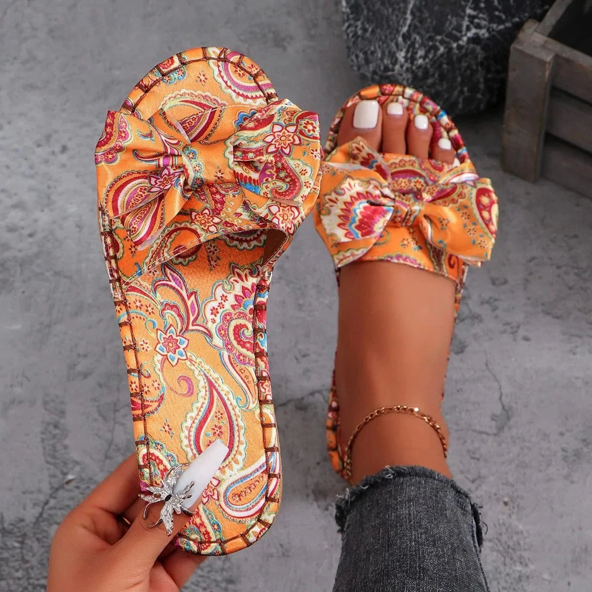 orange / 36 Plus-size summer fashion casual new slippers for women 2025 flat flat slippers with bow