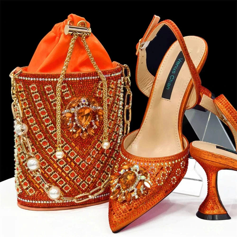 orange / 39 Turkey African Italian Luxury Fashion Party Ladies Shoes Set Women Matching Bag for Women