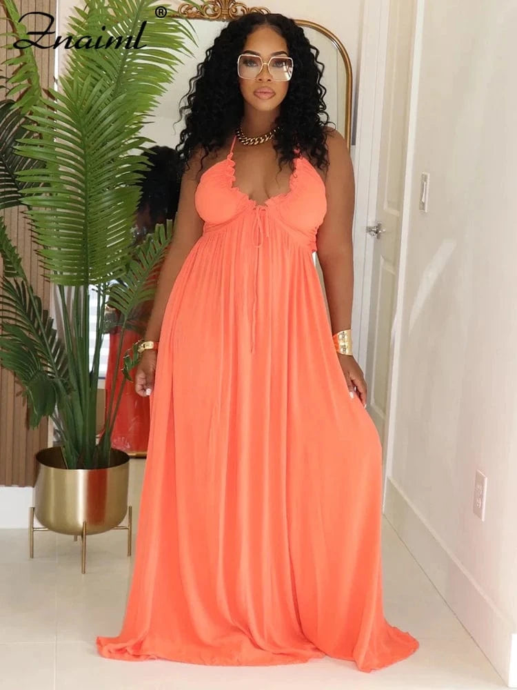 orange dress / S Znaiml Women's Halter Sleeveless Backless Deep V-neck A-Line Long Dress for Autumn Vacation Sexy Party Birthday Evening Vestidos