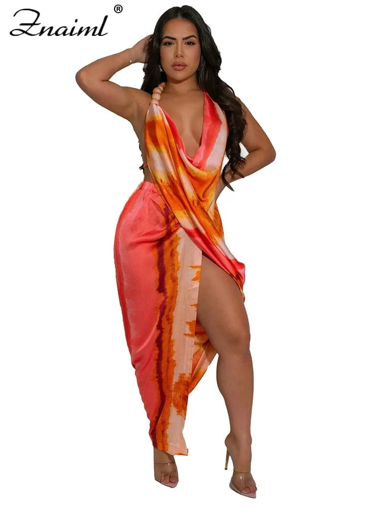 orange dress / XXL Znaiml Sexy Beach Vacation Deep V-neck Bead Halter Sleeveless Backless Dress Women Fashion High Split Printed Night Club Robe