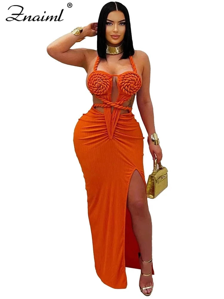 orange dress / XXL Znaiml Women's Elegant Evening Halter Hollow Backless Slit Bodycon Maxi Dresses Sexy Beach Holiday Party Club Birthday Vestidos