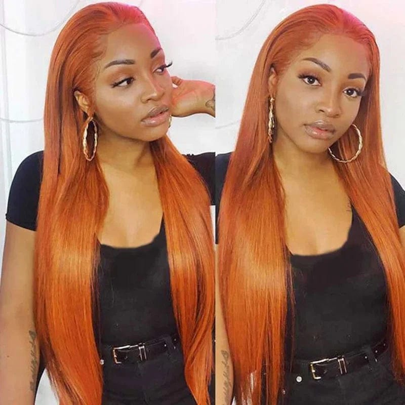 Orange Ginger Color Straight 13x4 HD Lace Front Closure Human Hair Wigs 150% Density