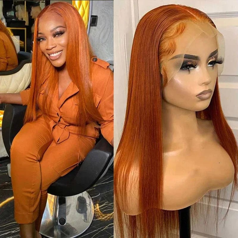 Orange Ginger Color Straight 13x4 HD Lace Front Closure Human Hair Wigs 150% Density