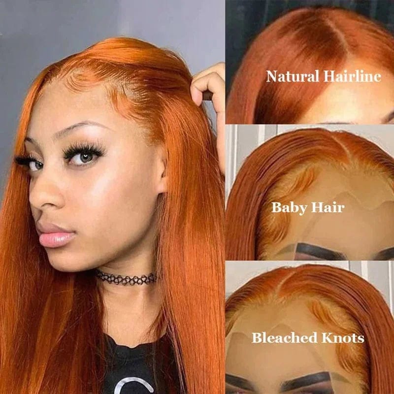 Orange Ginger Color Straight 13x4 HD Lace Front Closure Human Hair Wigs 150% Density