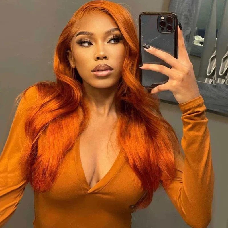 Orange Ginger Color Straight 13x4 HD Lace Front Closure Human Hair Wigs 150% Density