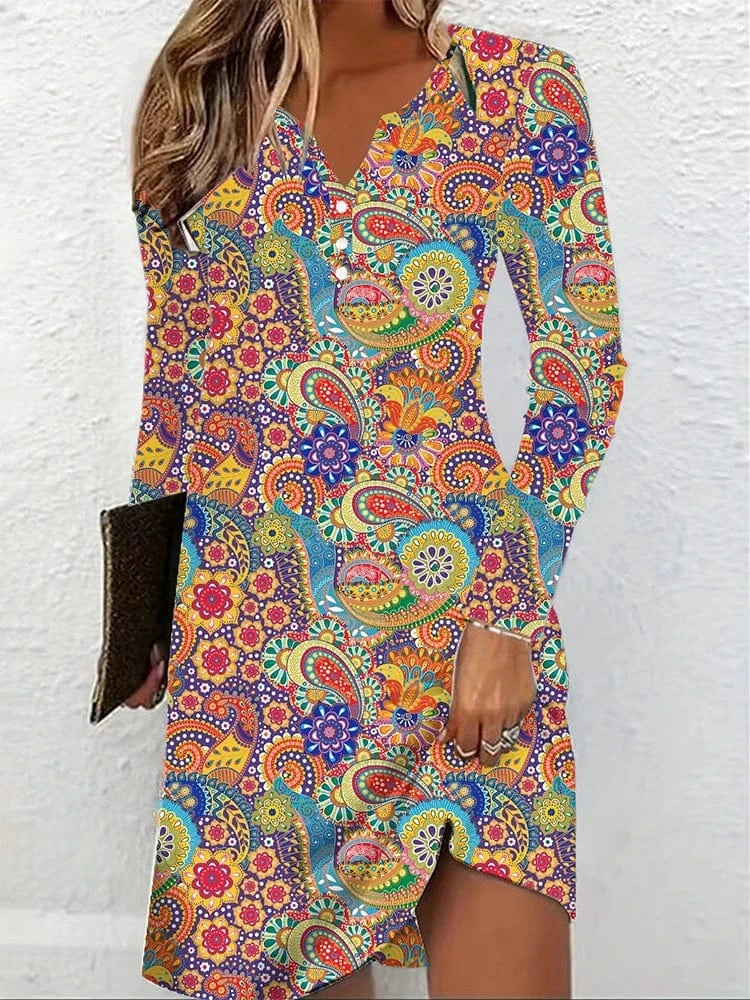 Orange / L 2024 Summer New Women's Long Sleeve V-Neck Printed Pattern Dresses A-Line Ruffle Dresses Best for Summer