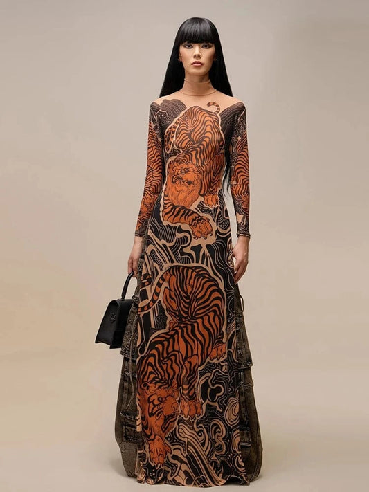 Orange / M Weird Puss See Through T-Shirts Women Tiger Print Long Sleeve High Neck High Slits High Elastic Skinny Trend Street Hipster Tops