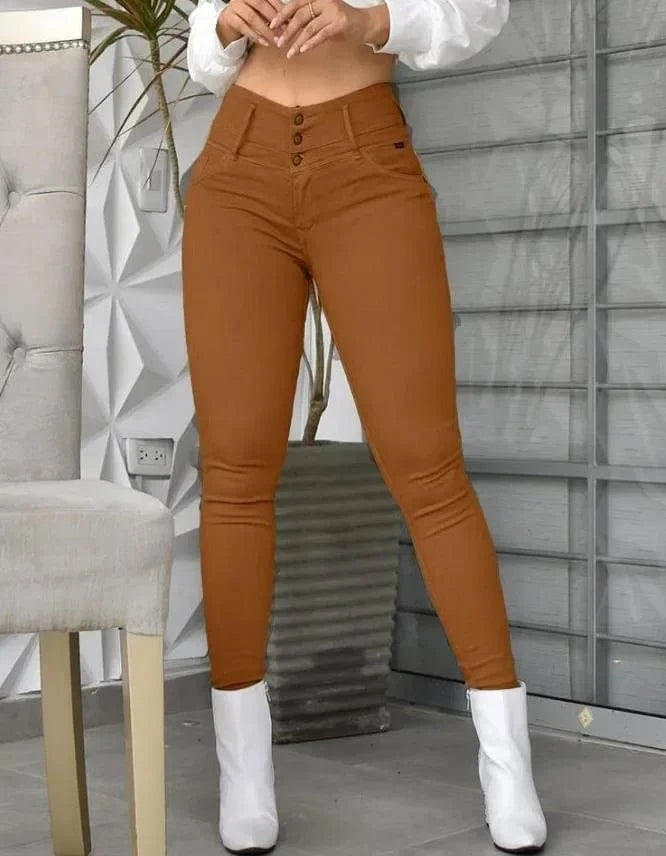Orange / M Women Solid Color Long Slim Khaki High Waist Tight Pants Ankle Length Pants Trousers