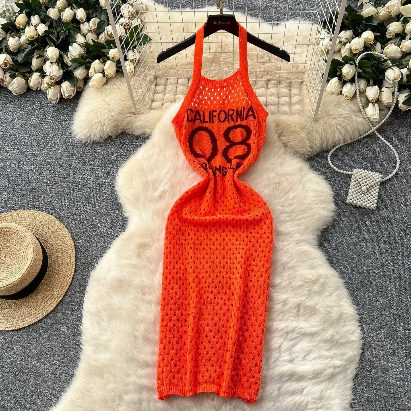 Orange / One Size YuooMuoo Women Dress 2025 Summer Ins Hot Letter Print Halter Knitted Beach Dress Chic Fashion Sexy Wrap Hip Streetwear Vestidos