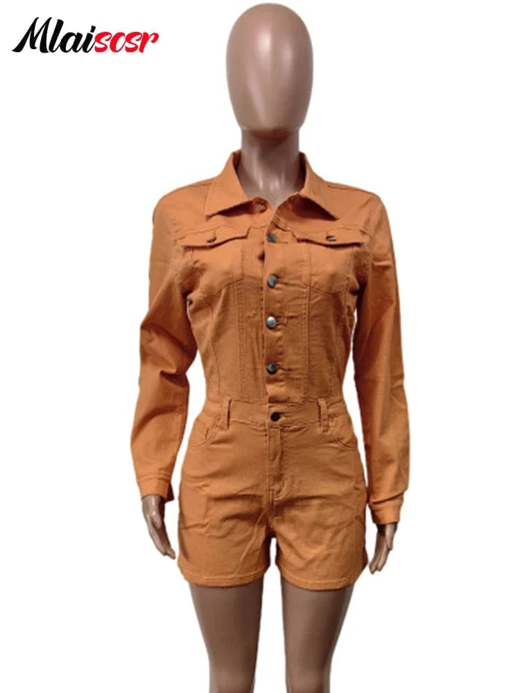 orange playsuits / XL Mlaiscsr Vintage High Street Elastic Wash Women Playsuit Lapel Single-Breasted Full Sleeve One Pieces Shorts Rompers Nightclub