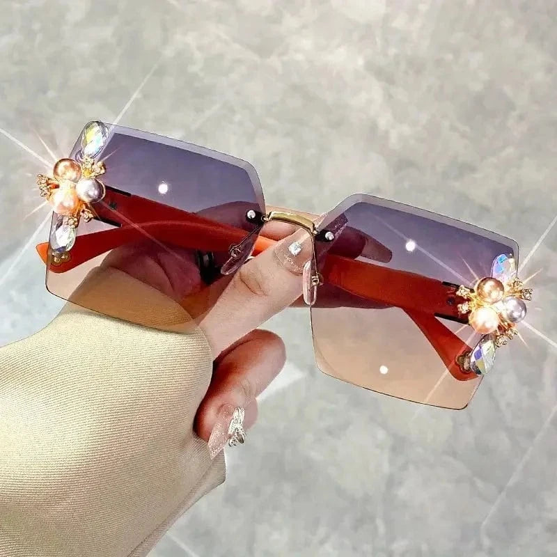 Orange Rhinestone Decor Fashion Fashion Glasses For Women Men Casual Gradient Rimless Glasses For Summer Beach Rave Party