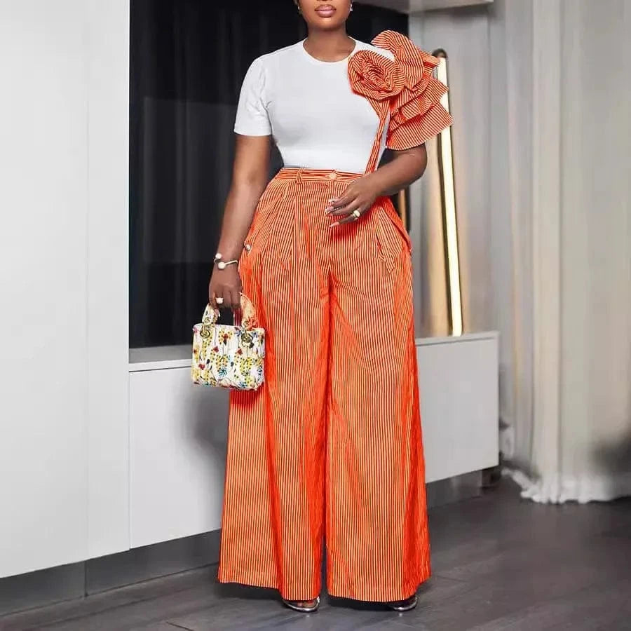 Orange / S CM.YAYA Street Women's Set Short Sleeve T-shirt and Striped Floral Splicing Romper Wide Leg Pants Elegant Two 2-Piece Set Outfit
