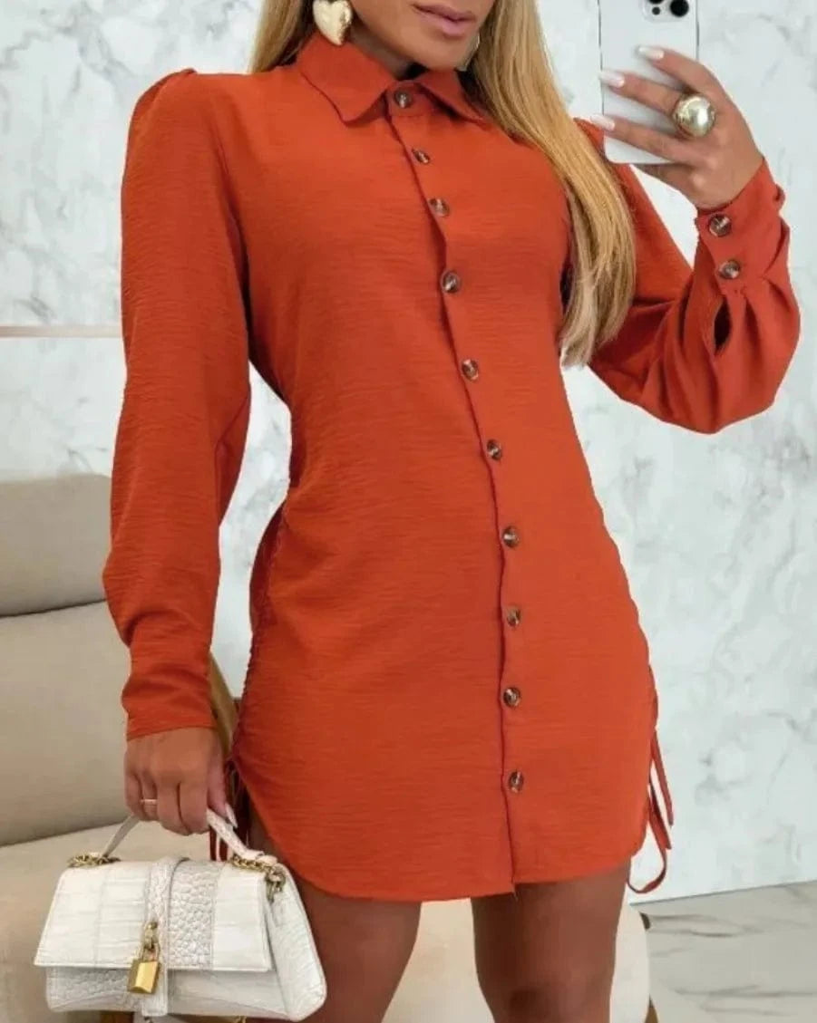 Orange / S Women's Fashion Summer Minimalist V-neck Button Up Dress Woman Cotton Linen White Short Sleeved Pocket Casual Loose Shirt Dress
