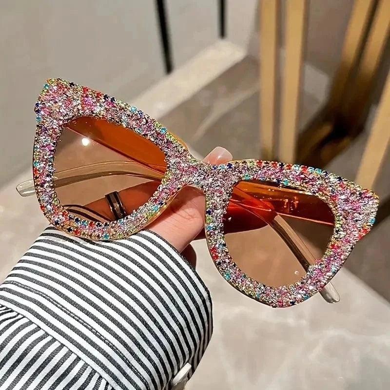 Orange Shining Eye Y2K Rhinestone Cat Eye Fashion Sunglasses For Women Men Bling Summer Beach Sun Shades Costume Party Club Accessory