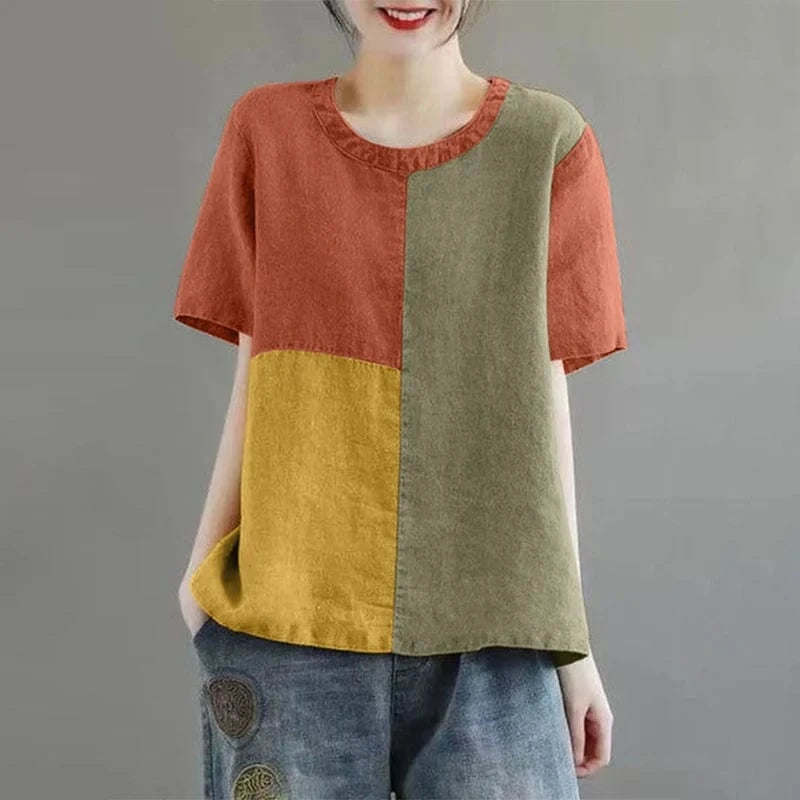 Orange / XL ZANZEA Women Patchwork Blouse 2024 Summer Short Sleeve Tunics Fashion Round Neck Shirts Casual Loose Holiday Cotton Linen Tops