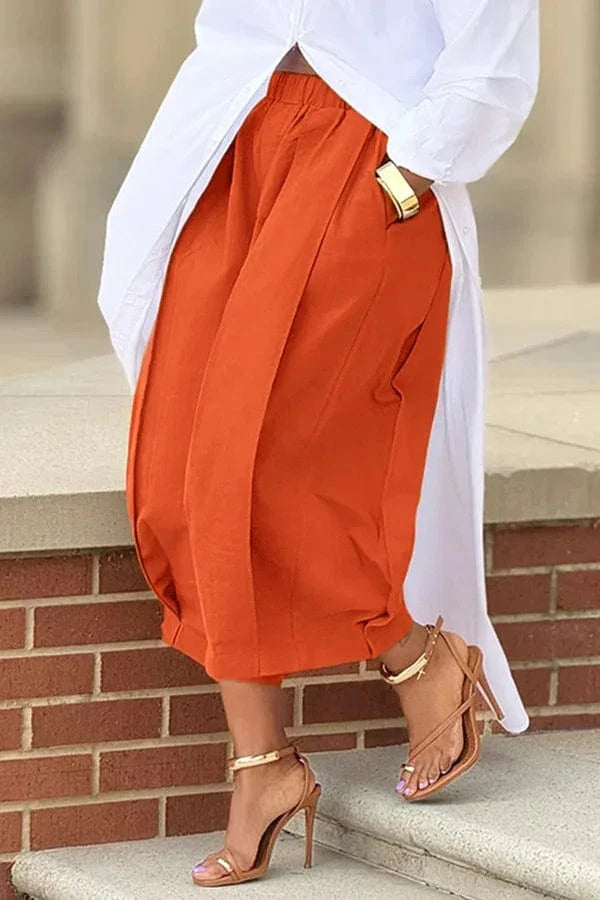 Orange / XXL / CHINA Women's Khaki Capri Trousers Pockets pleated Wide Leg Casual Vintage Loose Harajuku High Waist Leisure Calf-length Pants