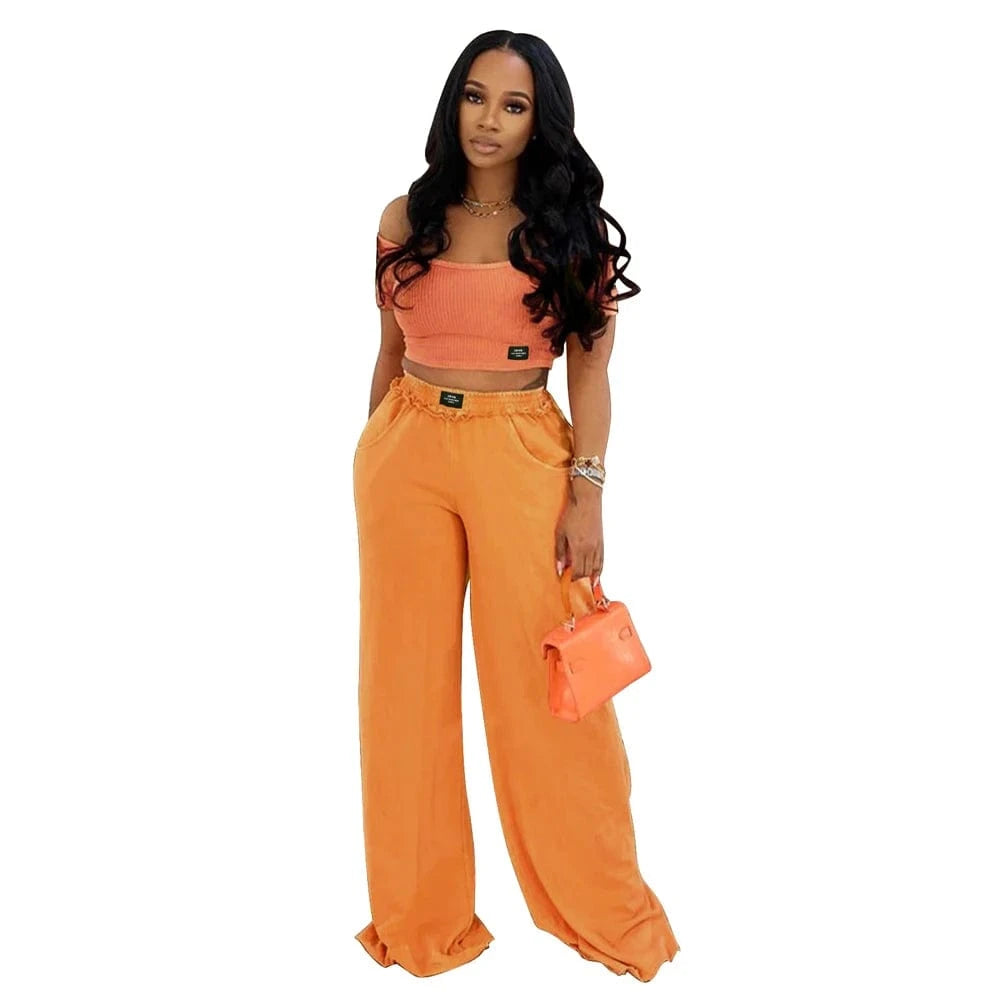 Orange / XXL Fashion Women Clothing Distressed Tracksuits Casual Sexy U Neck Crop Top and Wide Leg Pants Suits Ladies Elegant 2 Two Piece Set