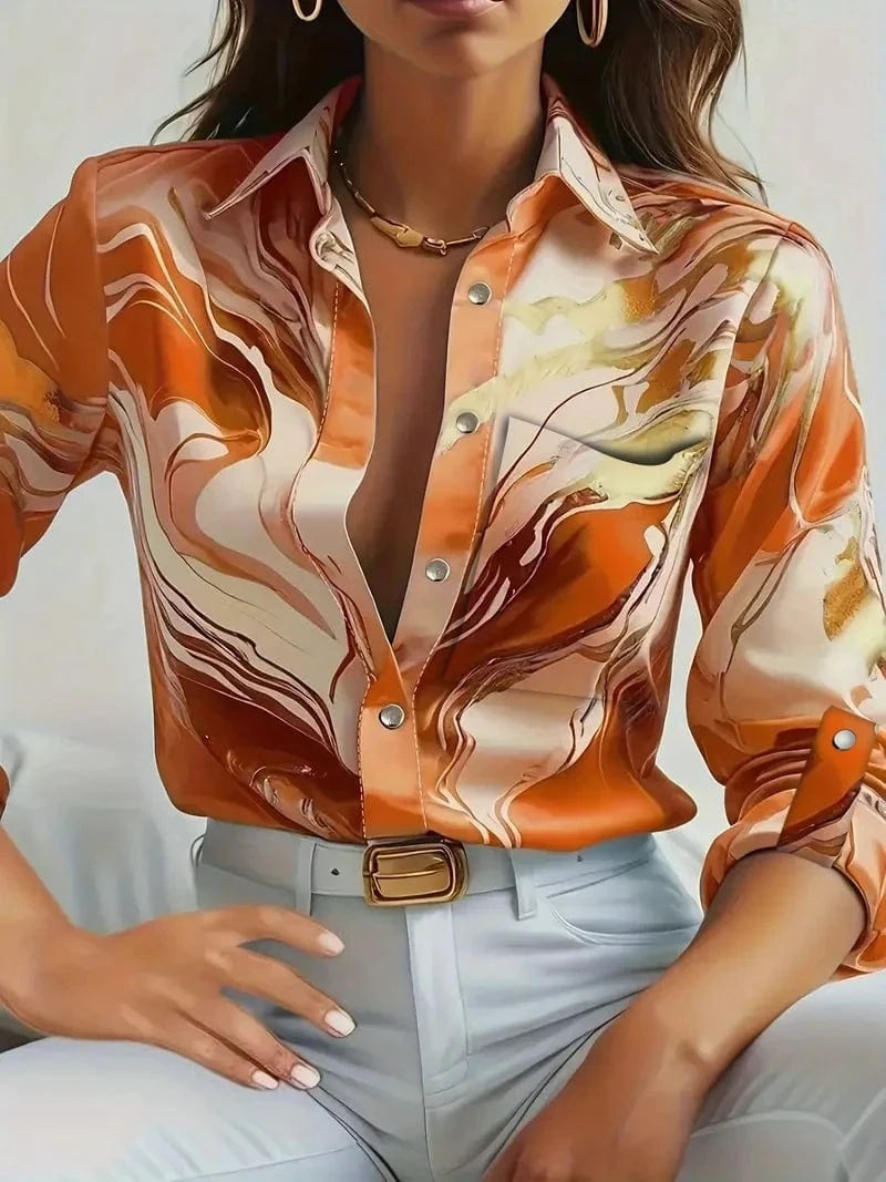 Orange / XXL Women Print V-Neck Button Long Sleeve Shirt Loose Casual Holiday Tops Blouse