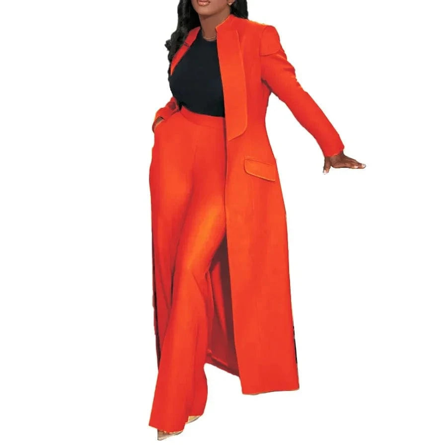 Orange / XXXL Women's Set Full Sleeve X-Long Blazer Coat+ Long Pant Suit 2025 Spring Streetwear Two 2 Piece Set Africa OL Work Outfits