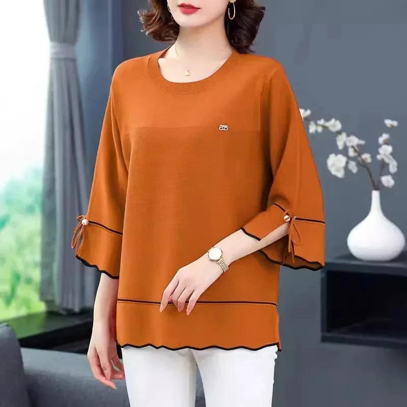 Orange Yellow / L 6XL Mom Large Summer New Ice Silk Shirt 3/4 Sleeves Round necked T-shirt Knit Sweater Loose Top For Wearing Outwear Top Black