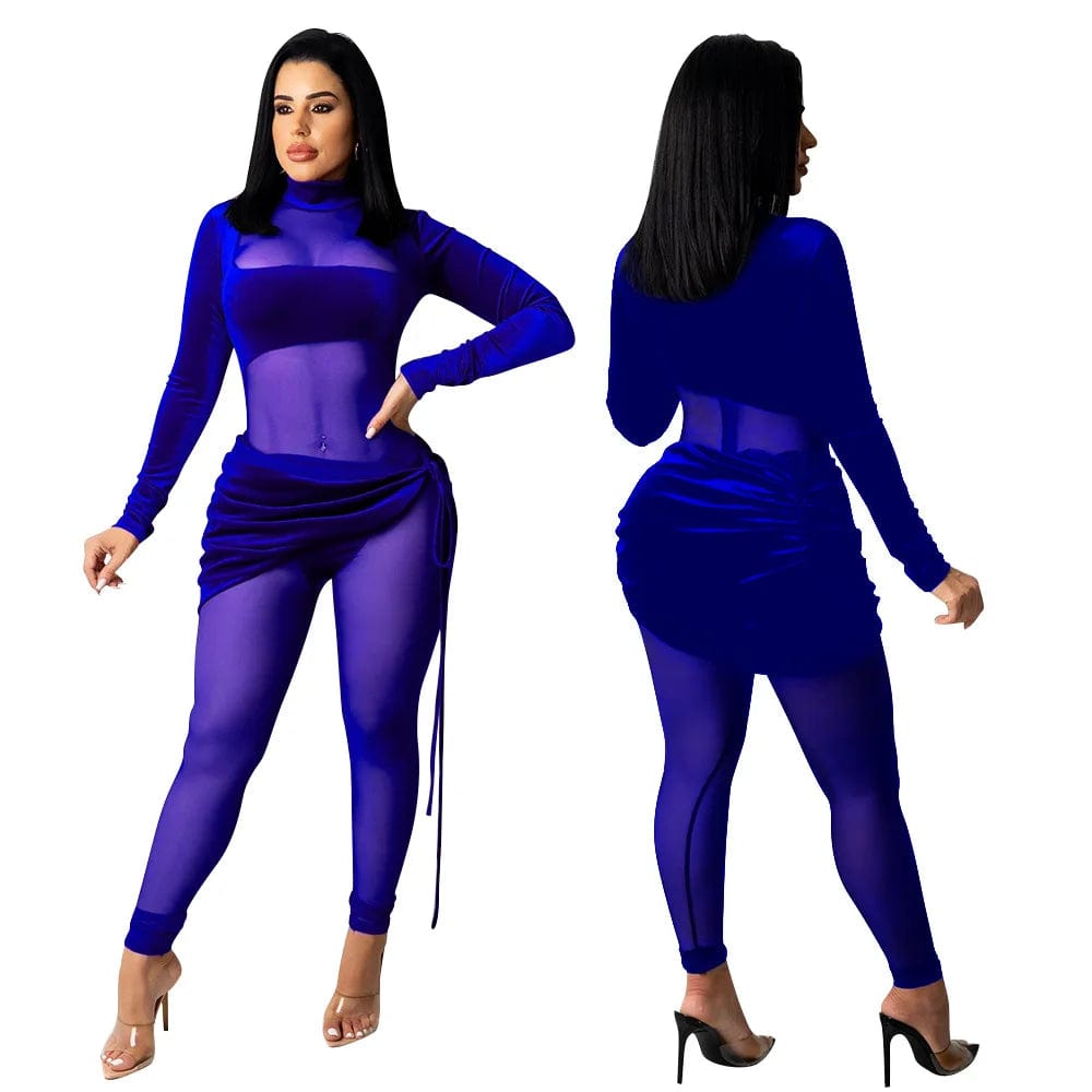 Os6269 2024 Fall Sexy Women Jumpsuit Long Sleeve Velvet Mesh See Through Patchwork One Piece Romper Plus Size Club Wear