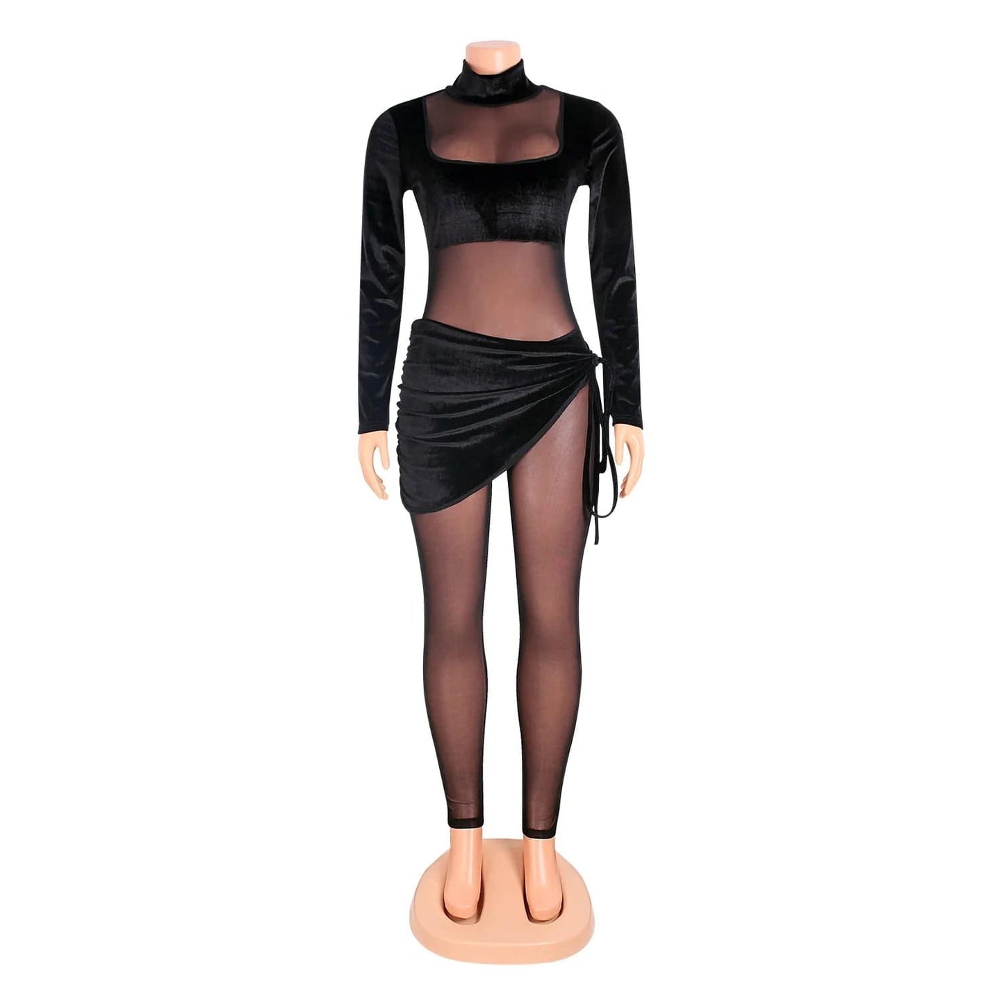Os6269 2024 Fall Sexy Women Jumpsuit Long Sleeve Velvet Mesh See Through Patchwork One Piece Romper Plus Size Club Wear